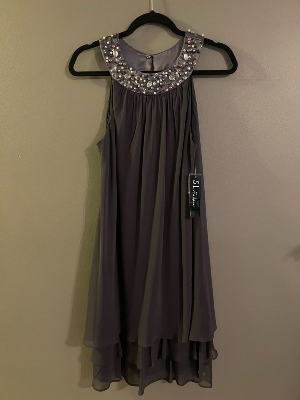 SL Fashions Purple Sleeveless Embellished High-Low Midi Dress